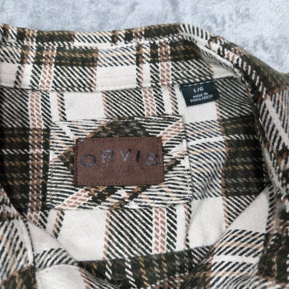 Orvis Shirt Mens Large Beige Green Plaid Heavy Flannel Button Up Shacket Hiking - Picture 3 of 10